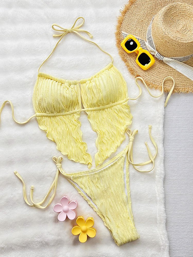 Women's Yellow Crinkle Halter Bikini Set - Late Night Lingerie