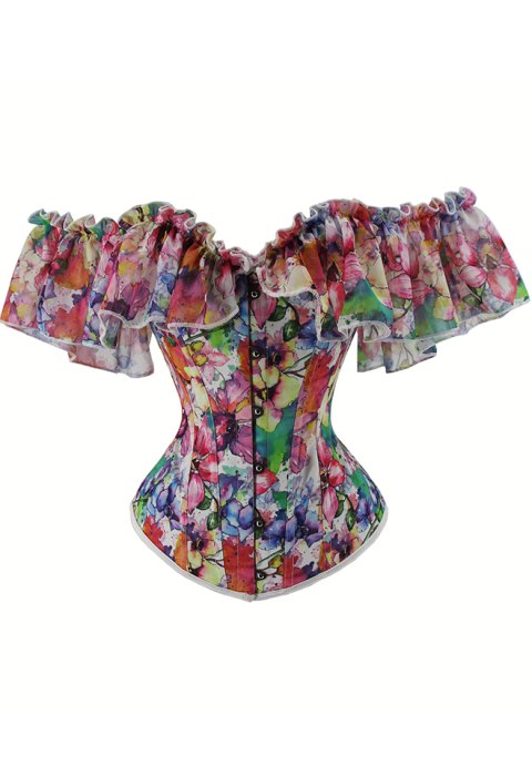 Women's Overbust Boned Floral Print Ruffled Puff Sleeves Vintage Corset