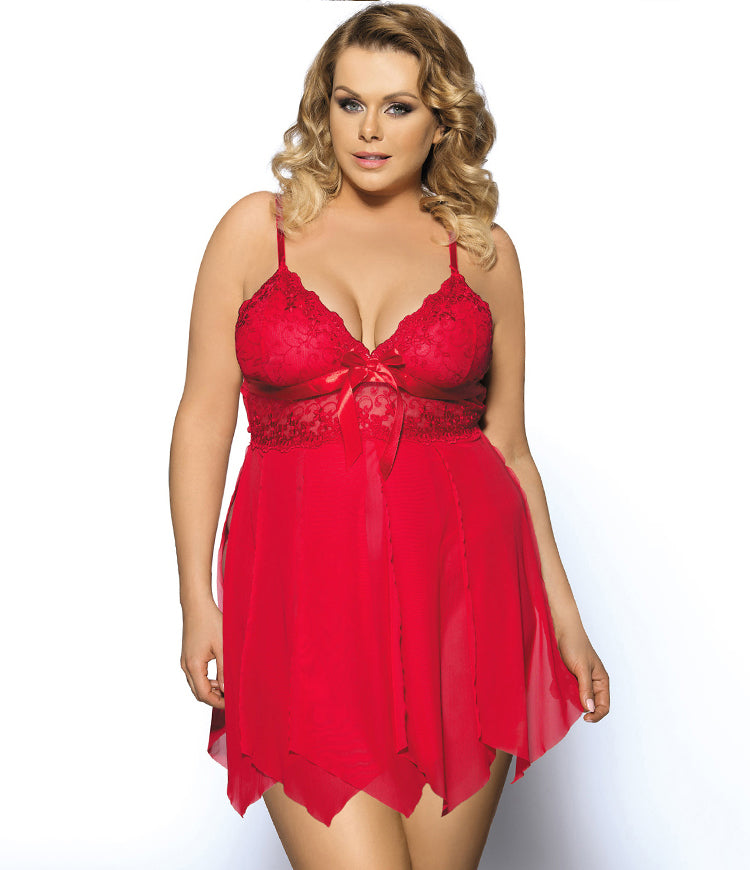 Plus Size Red Flirty Lace and Microfiber Babydoll