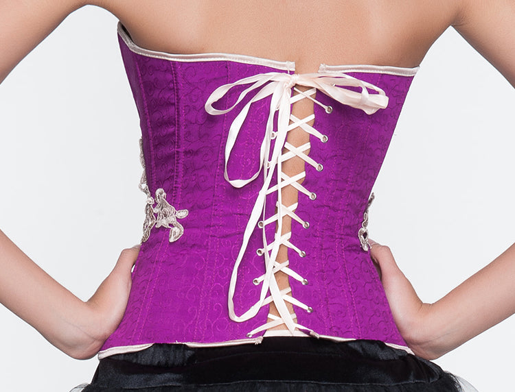 Classical Purple Embroidery Flower Zipper Overbust Corset