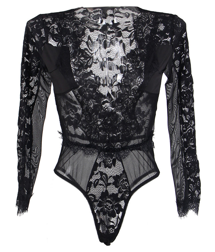 Plus Size Eyelashes Lace Open-chest Long-sleeved Teddy