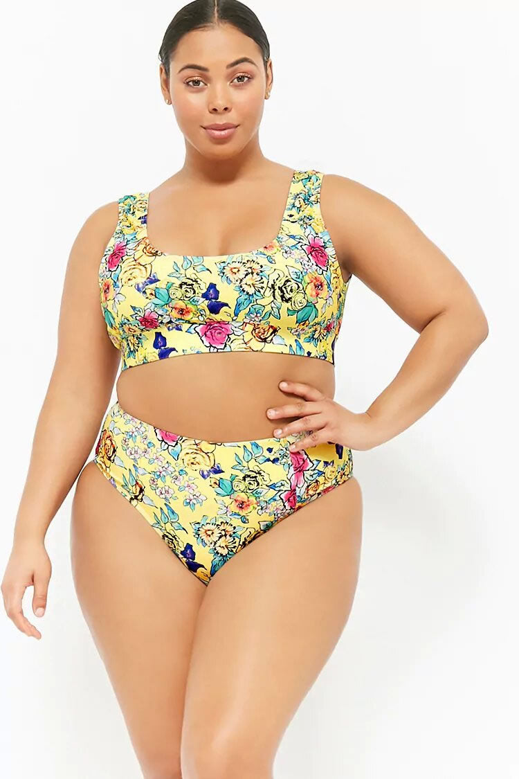 Plus Size High Leg High Waist Floral Crop Tank Bikini Swimsuit