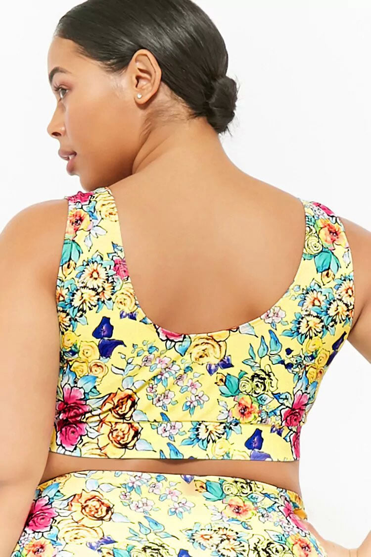 Plus Size High Leg High Waist Floral Crop Tank Bikini Swimsuit