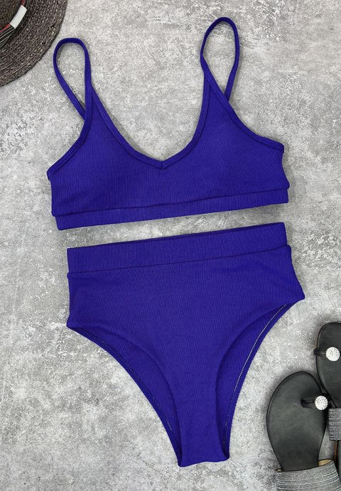 Solid Rib High Waisted Bikini Swimsuit