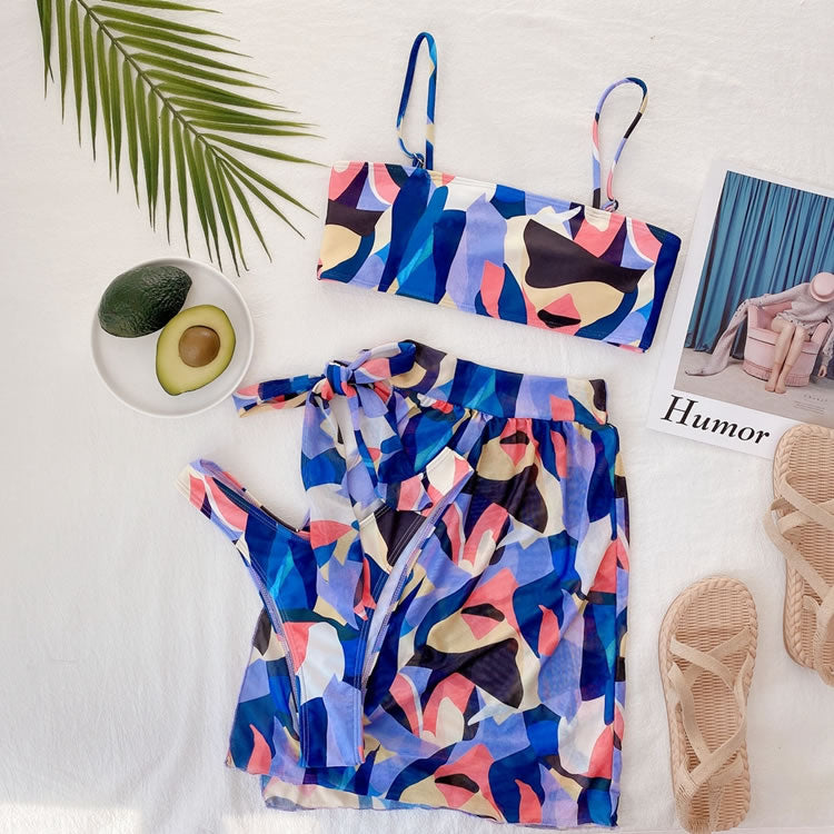 3pack Allover Graphic Bikini Swimsuit & Beach Skirt