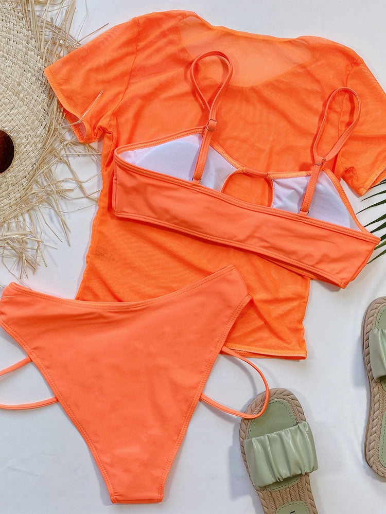 3pack Cut Out Mesh Bikini Swimsuit With Cover Up