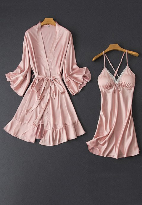 Elegant Satin and Lace Babydoll And Robe Set