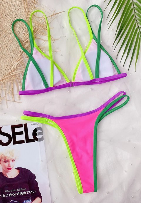 Contrast Binding Triangle Thong Bikini Swimsuit