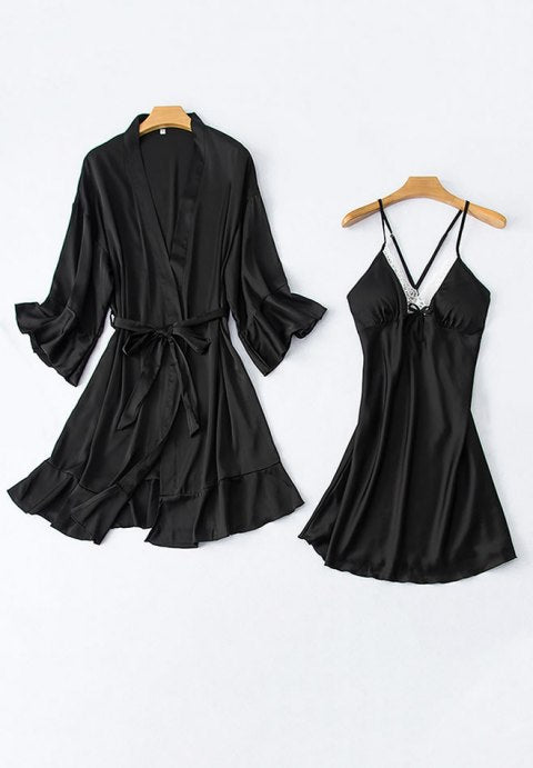 Elegant Satin and Lace Babydoll And Robe Set