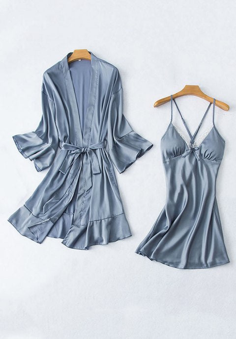 Elegant Satin and Lace Babydoll And Robe Set