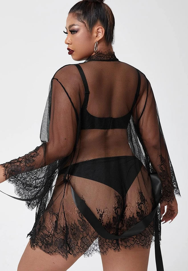 Plus Size Eyelash Lace Robe and G-String