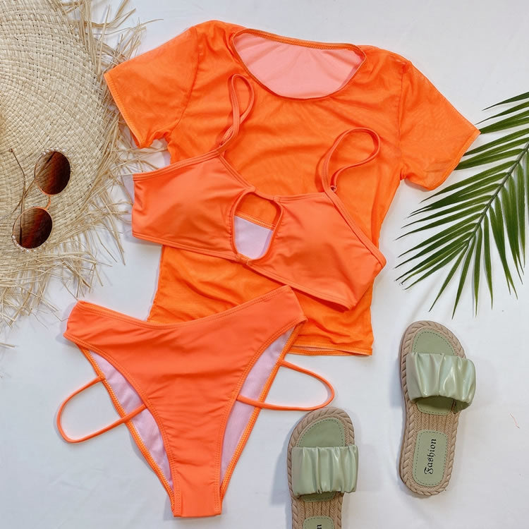 3pack Cut Out Mesh Bikini Swimsuit With Cover Up