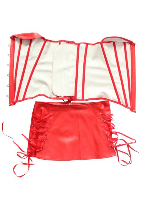 PVC Leather Long Line Bustier With Mini Skirt