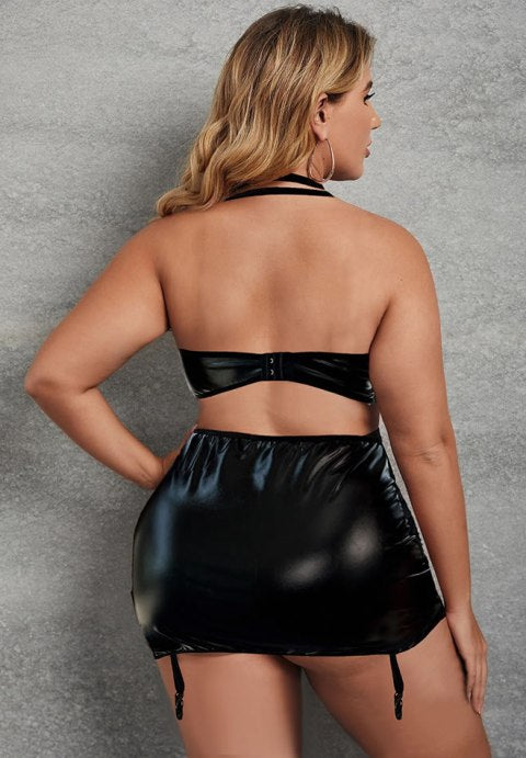 Plus Size Wet Look Garter Skirt Set