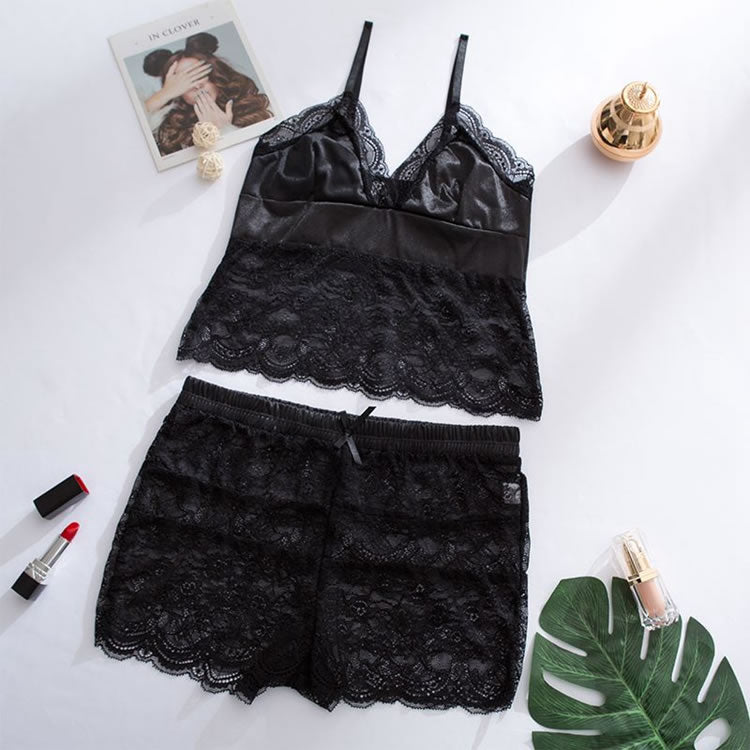 Women Lace Lingerie Sexy Tops + Shorts Nightwear Sleepwear Pajamas Set
