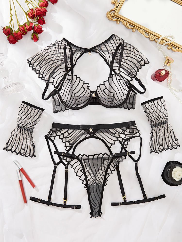 6pcs/set Sexy Sheer Mesh Embroidery Lingerie With Underwire - Late Night Lingerie