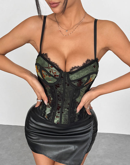 Elegant Green Corset with Floral Lace Detailing