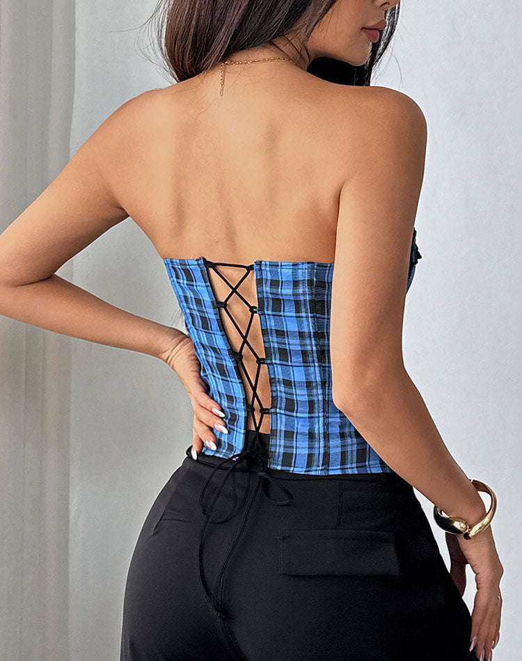 Bold Plaid Ruched Corset Top