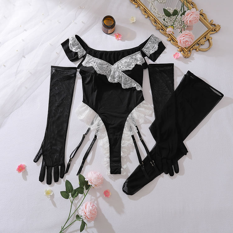 Black Lace Trim Teddy with Garters and Sheer Gloves