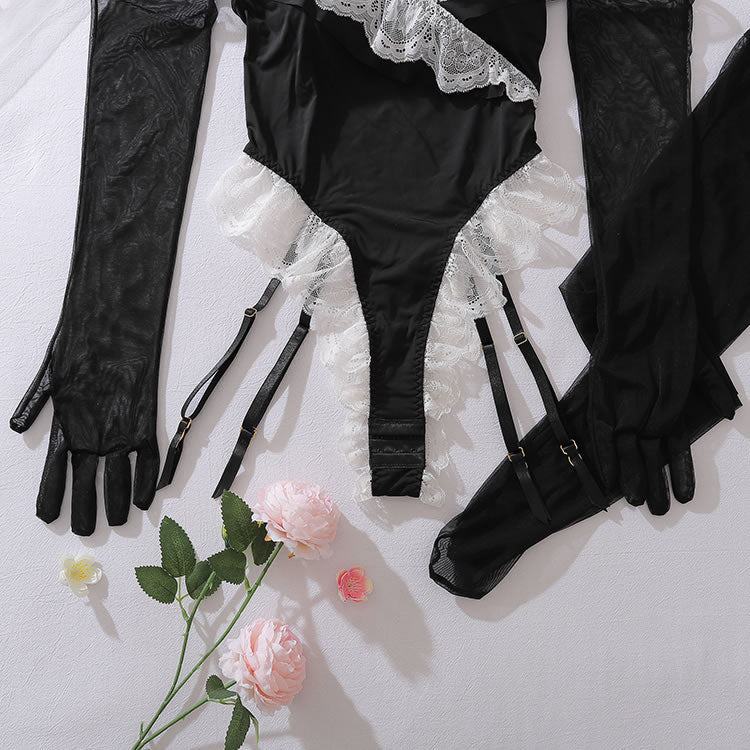 Black Lace Trim Teddy with Garters and Sheer Gloves