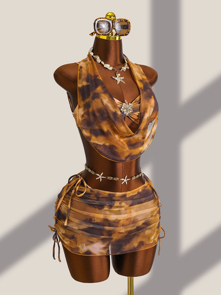 Brown Tie-Dye 3-Piece Bikini Set with Sheer Skirt