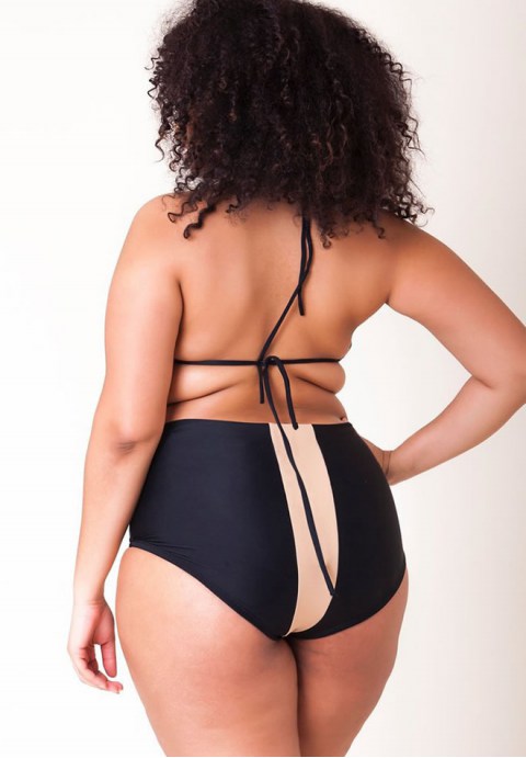 Plus Size Contrast Stripe Slide Triangle High Waist Bikini Swimsuit