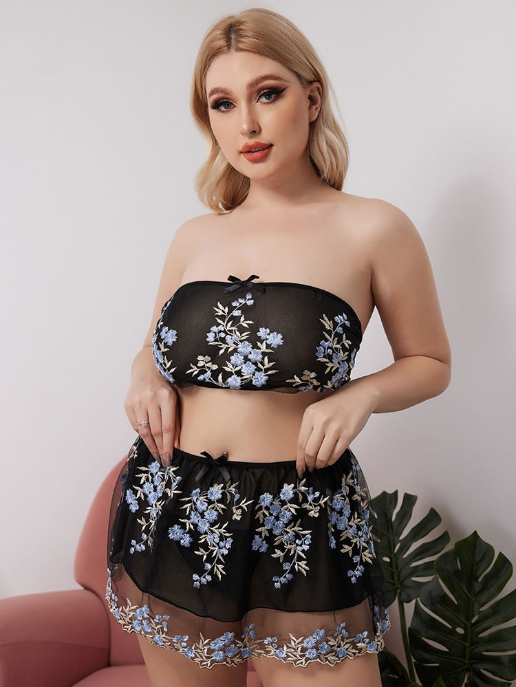 Black Sheer Two-Piece Set with Blue Floral Embroidery