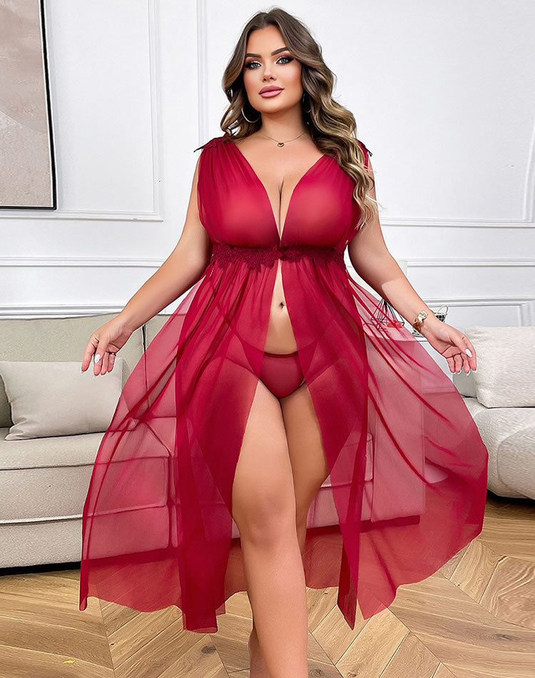 Plus Size Red V-Neck See-Through Nightgown for Curvy Women