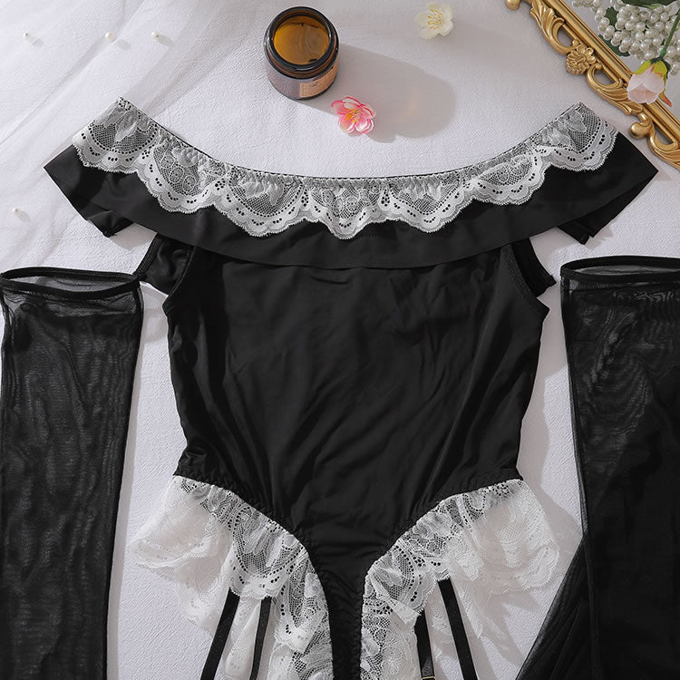 Black Lace Trim Teddy with Garters and Sheer Gloves