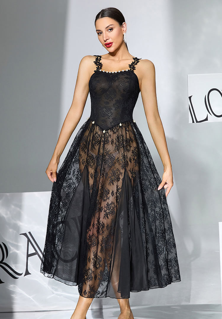 Black Lace Maxi Nightgown with Pearl Trim & Open Back – Sheer Floral Lingerie for Bridal & Anniversary