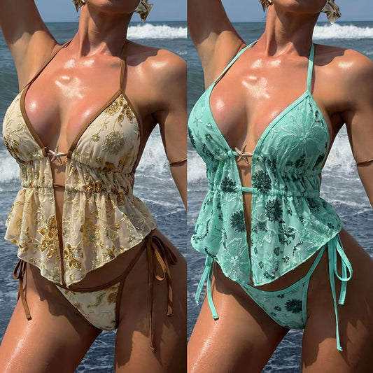 Vintage Style Floral Print Bikini with Ruffle Top