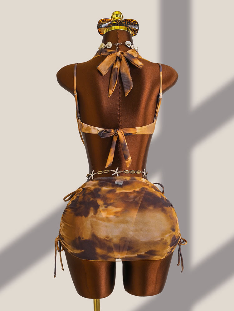 Brown Tie-Dye 3-Piece Bikini Set with Sheer Skirt