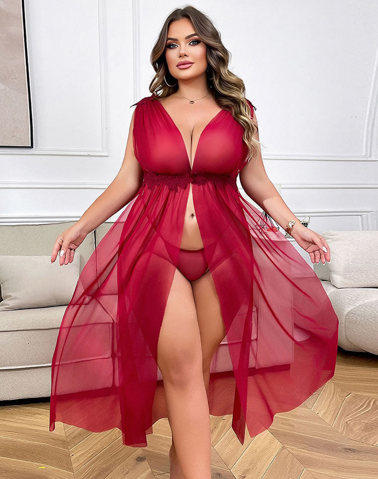 Plus Size Red V-Neck See-Through Nightgown for Curvy Women