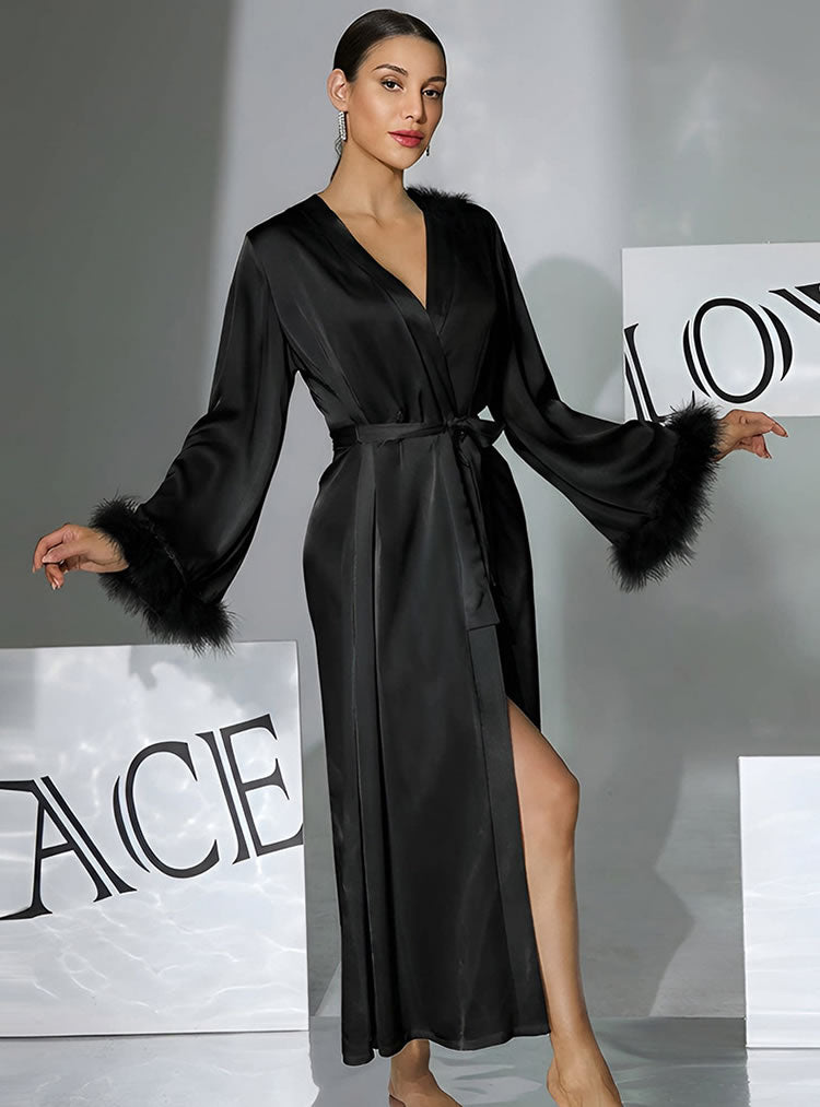 Black Satin Wrap Robe with Faux Fur Trim – Long Sleeve V-Neck Lounge Wear for Women