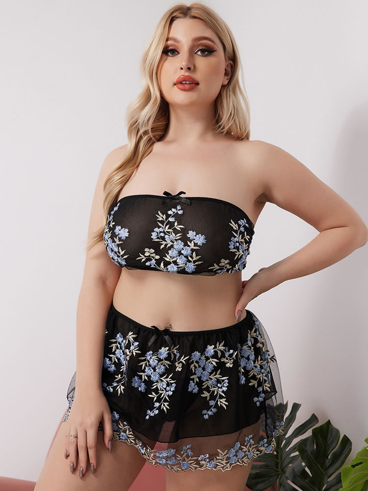 Black Sheer Two-Piece Set with Blue Floral Embroidery