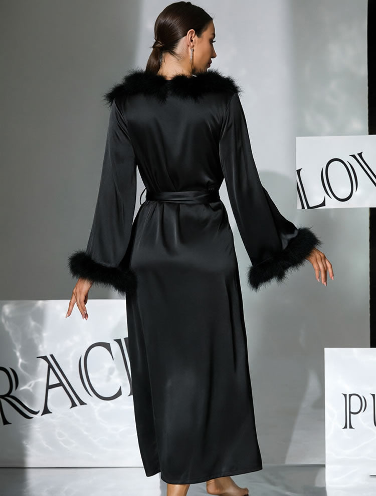 Black Satin Wrap Robe with Faux Fur Trim – Long Sleeve V-Neck Lounge Wear for Women