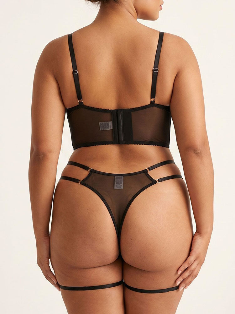 Plus Size Black Sheer Bustier Set with Blue Floral Embroidery and Garters