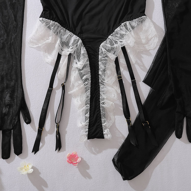 Black Lace Trim Teddy with Garters and Sheer Gloves