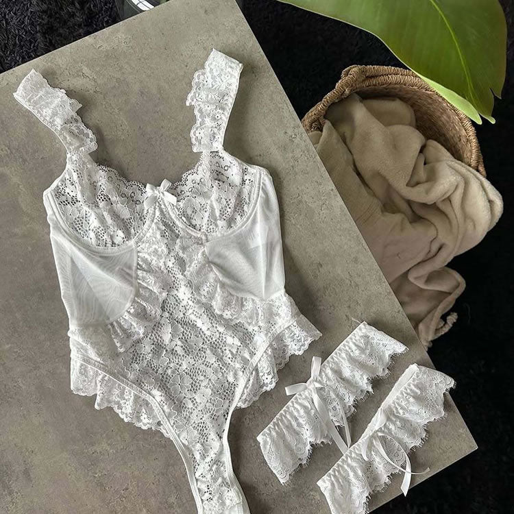 Playful White Lace Bodysuit with Bow Detail