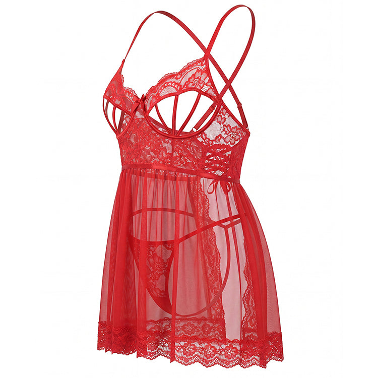 Plus Size Red Lace Chemise with Strappy Bust and Open Back