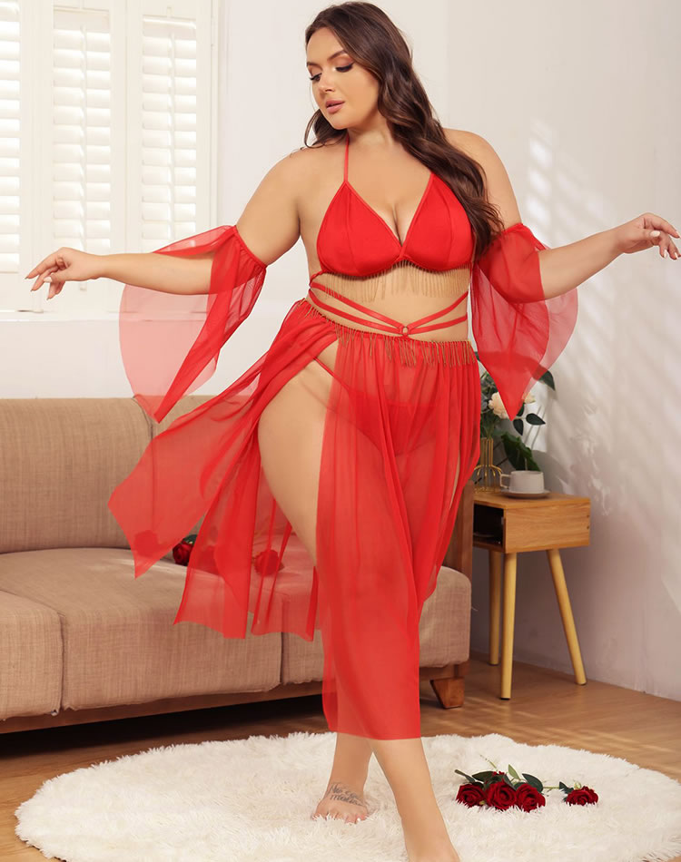 Plus Size Fluttering Mesh Bra and Skirt Set