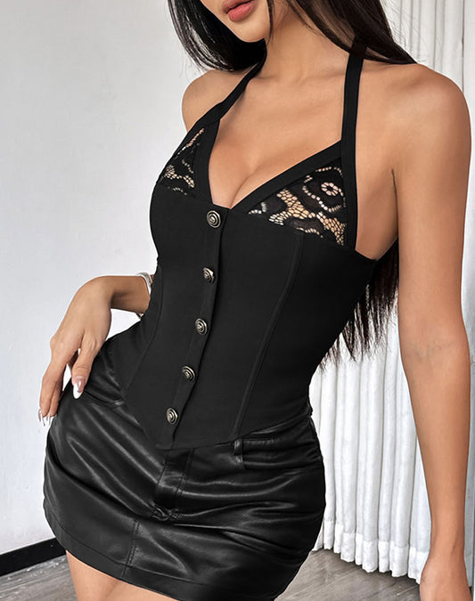 Black Lace Detail Corset Top