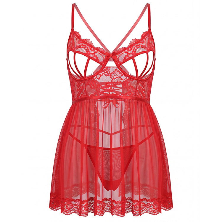 Plus Size Red Lace Chemise with Strappy Bust and Open Back