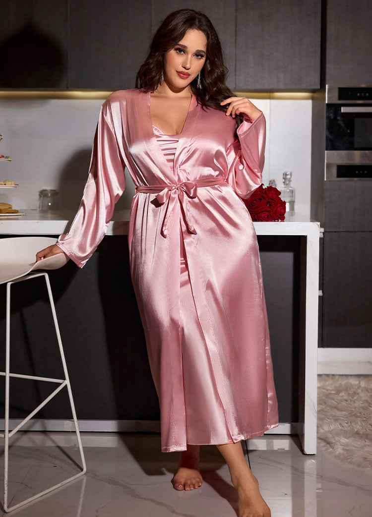 Plus Size Chic Burgundy Satin Robe and Nightgown Set
