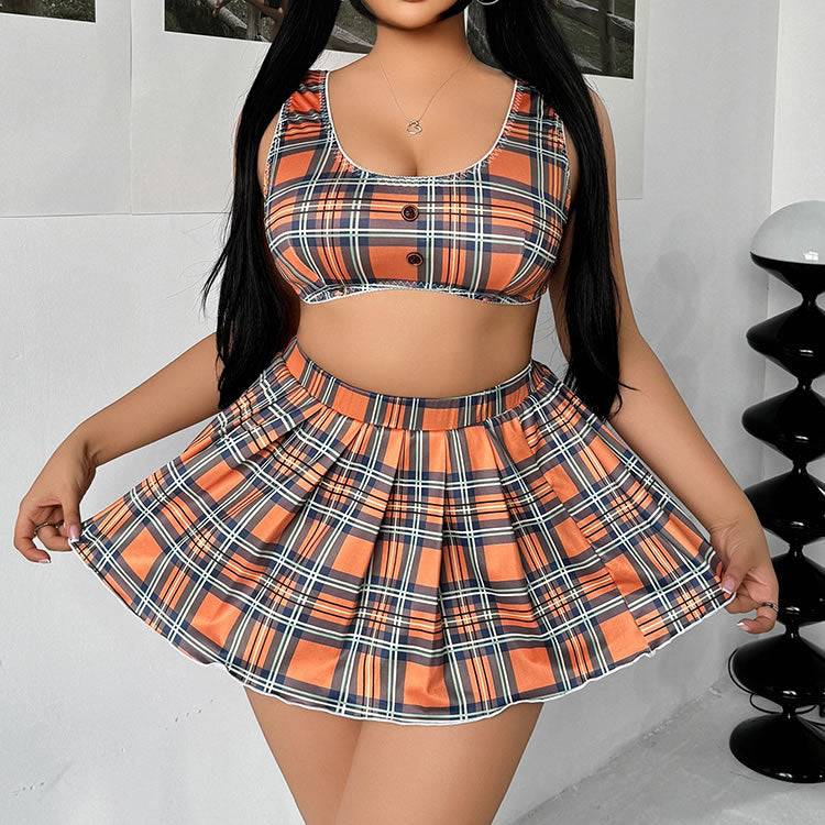 Orange Plaid Crop Top & Mini Skirt Set