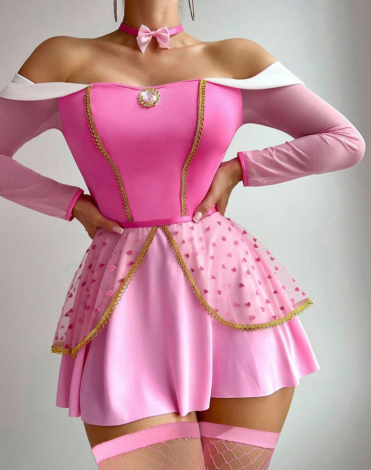 Pink Off-the-Shoulder Lingerie Dress with Heart Tulle