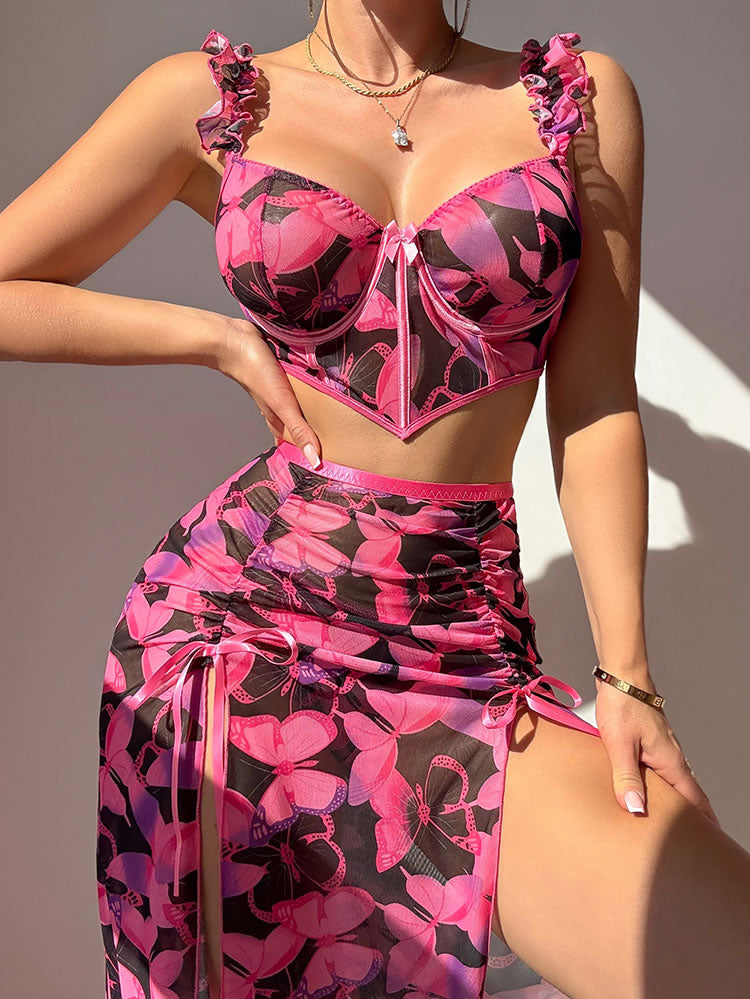 Pink Butterfly Print Lingerie Two-Piece Set
