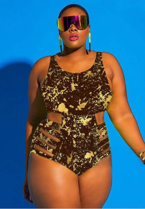 Plus Size Cutout Abstract Printed One Piece