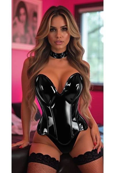 Top Drawer Steel Boned Black Patent Plunge Neckline Overbust Corset
