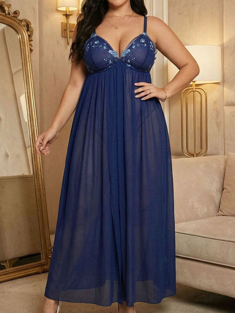 Plus Size Navy Blue Sheer Nightgown with Embroidered Lace